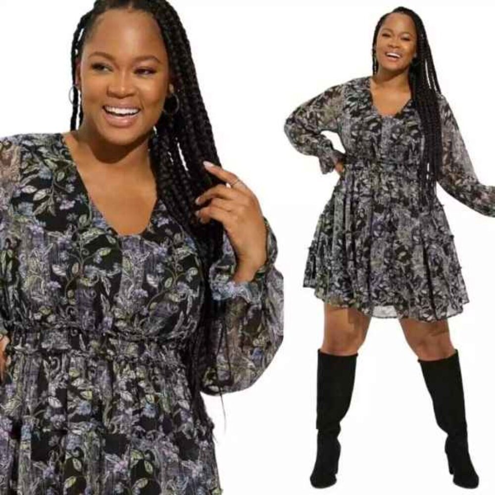 Torrid | Mini Lurex Chiffon Tiered Dress Floral Ruffle Black Boho